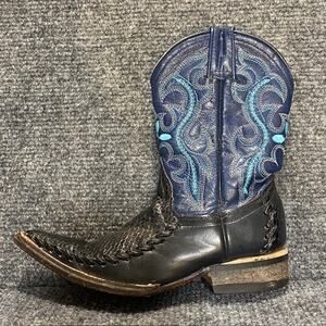 JAR Black Blue Leather Cowboy Boots Kids 5.5 Pointed Toe Exotic Leather Western